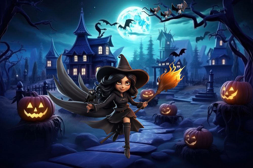 3D Halloween witch by a haunted house  editable remix