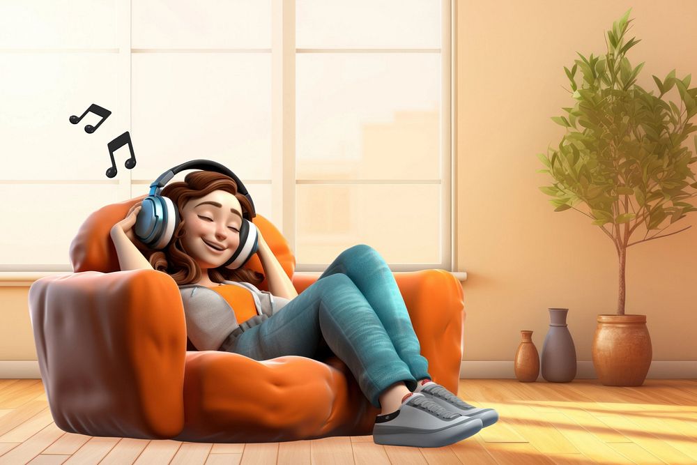 3D woman listening to music  editable remix