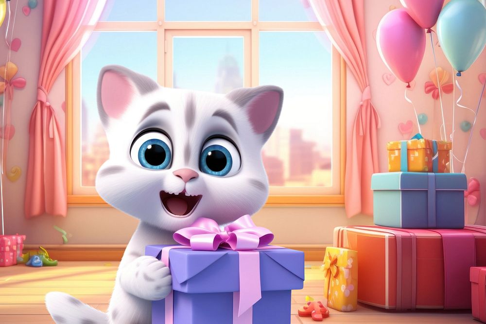 3D cat holding birthday gift  editable remix