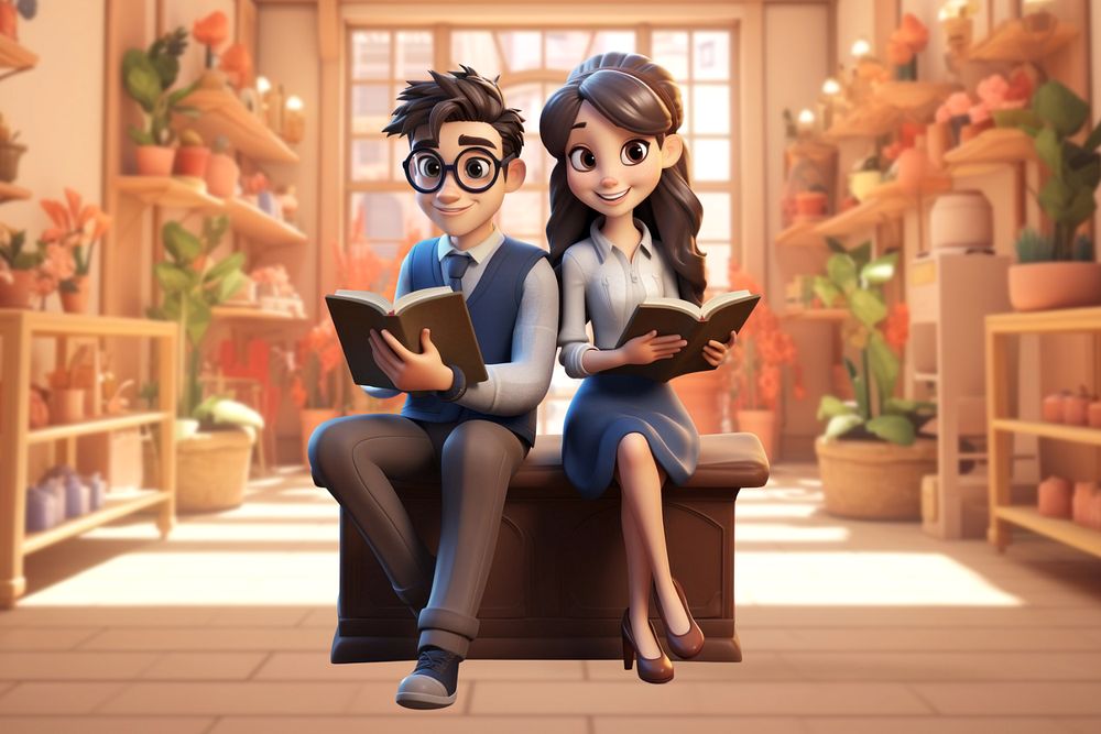 3D young couple reading books  editable remix