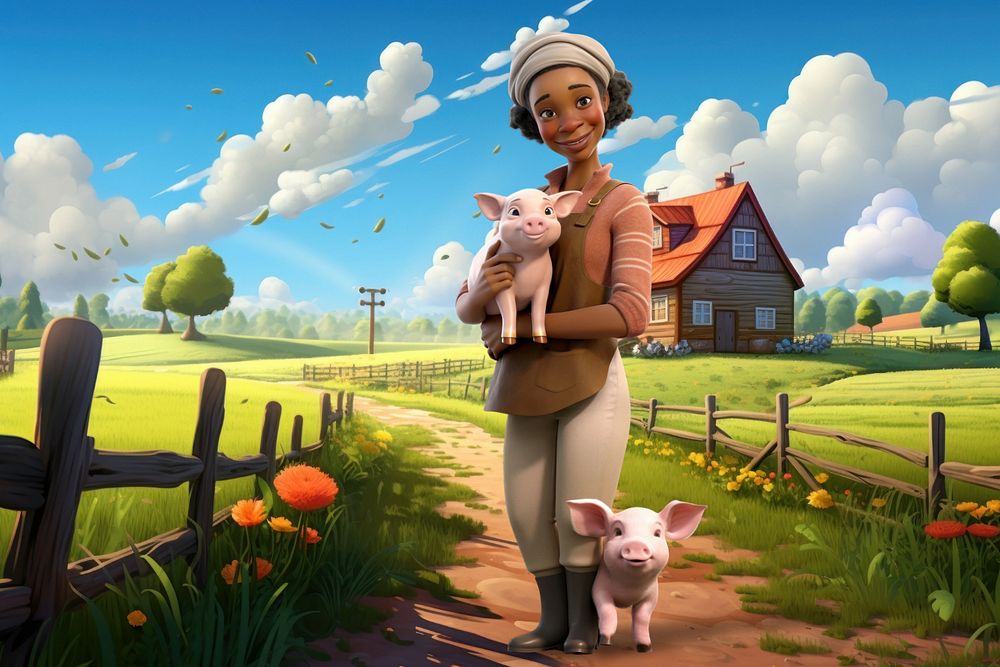 3D Woman farmer holding baby pig  editable remix