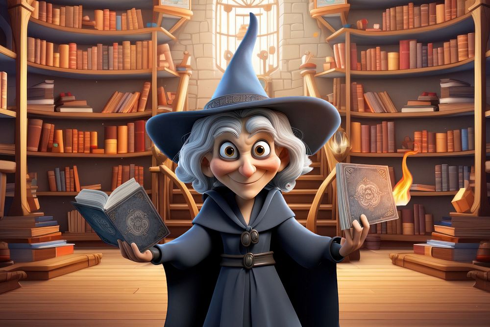 3D old witch holding spell books  editable remix