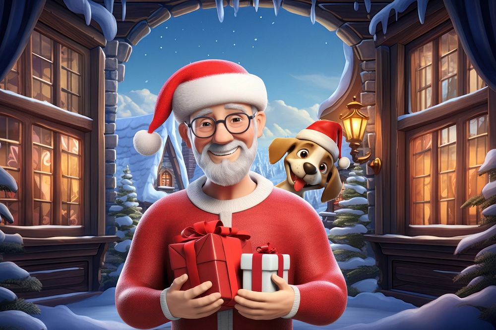 3D old man holding Christmas gifts  editable remix