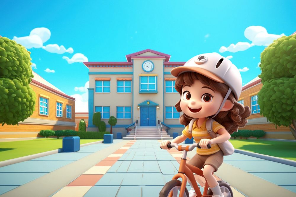 3D little girl riding bicycle to school  editable remix