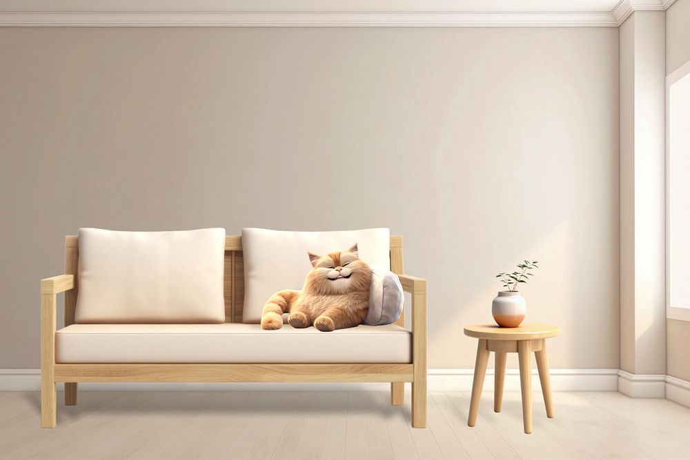 3D cat in living room, interior  editable remix