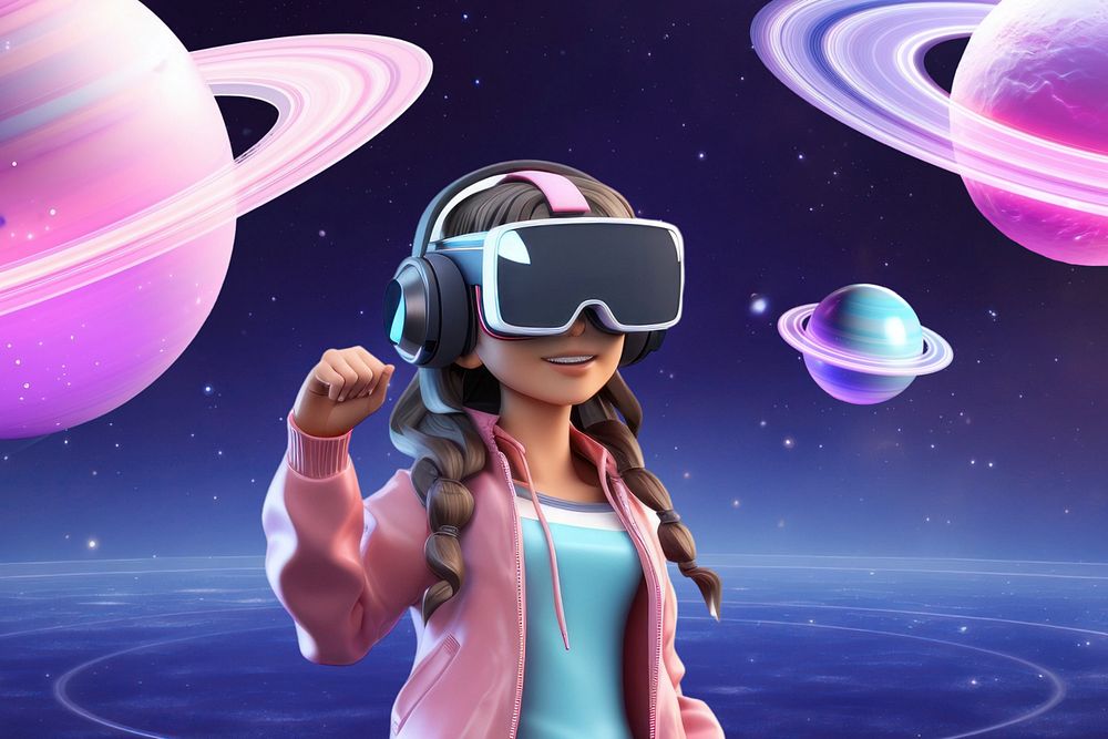 3D woman wearing VR, outer space  editable remix