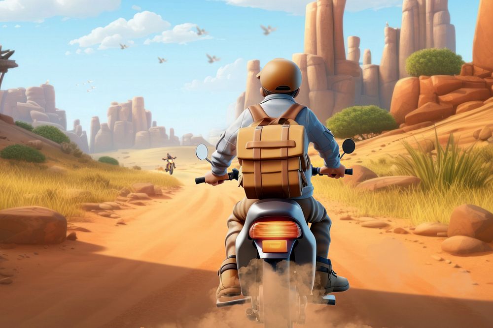 3D man riding motorbike, outdoor travel  editable remix