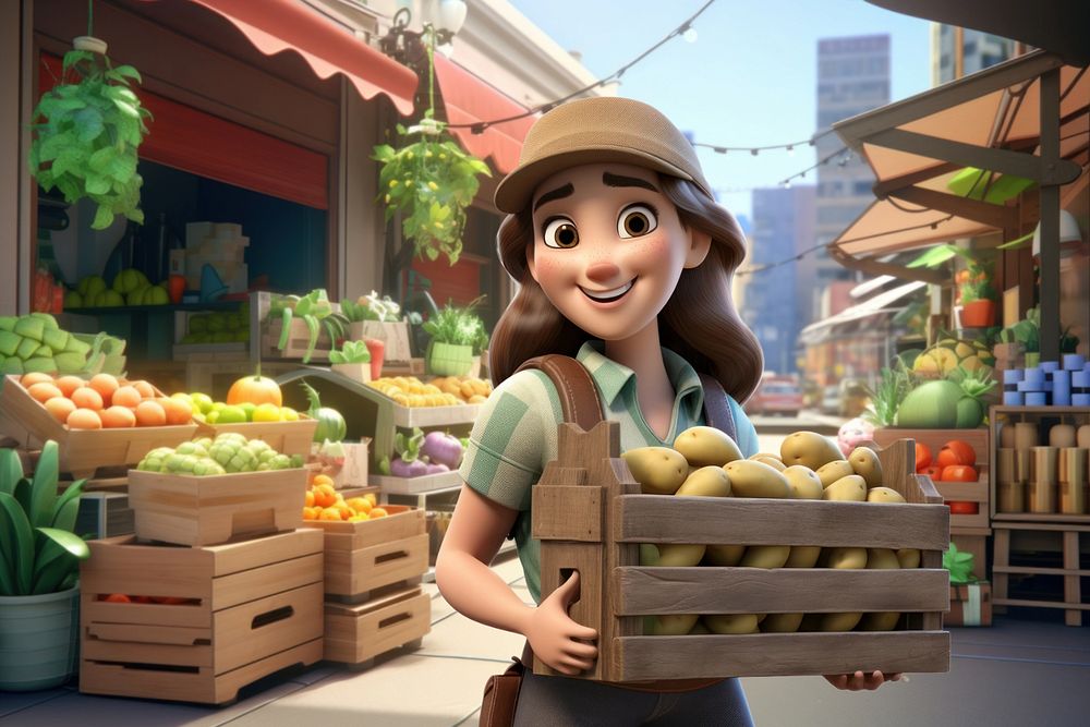 3D farmer girl holding potato crate  editable remix