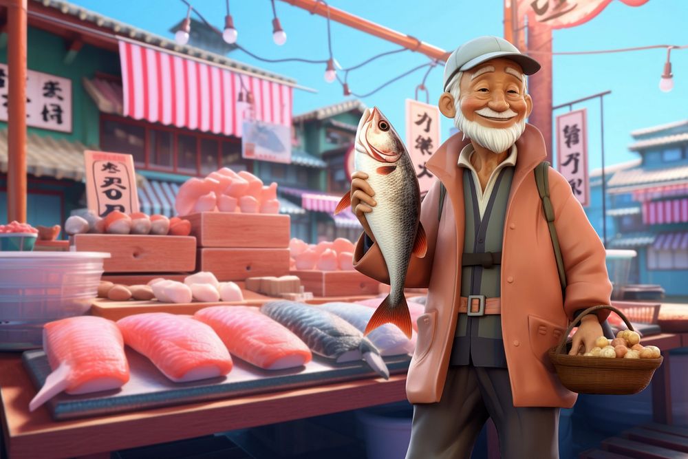 3D man selling fish, fresh market  editable remix