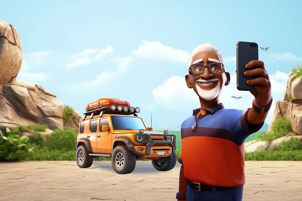 3D man traveling outdoor with off-road car  editable remix