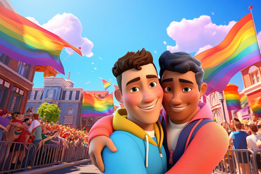 3D gay couple at pride parade, LGBTQ  editable remix