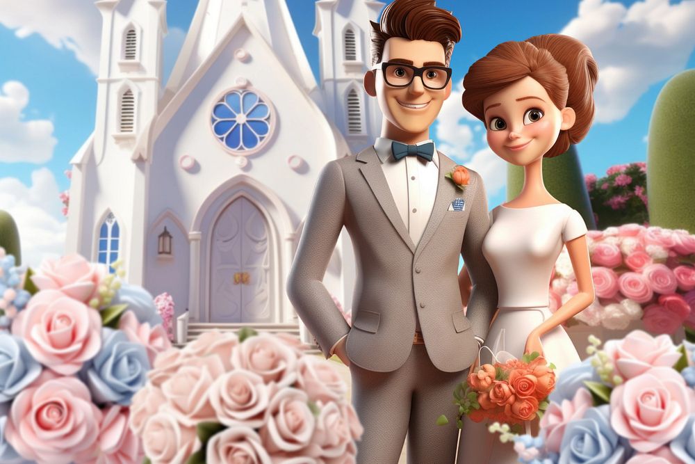 3D newly wed couple at church  editable remix