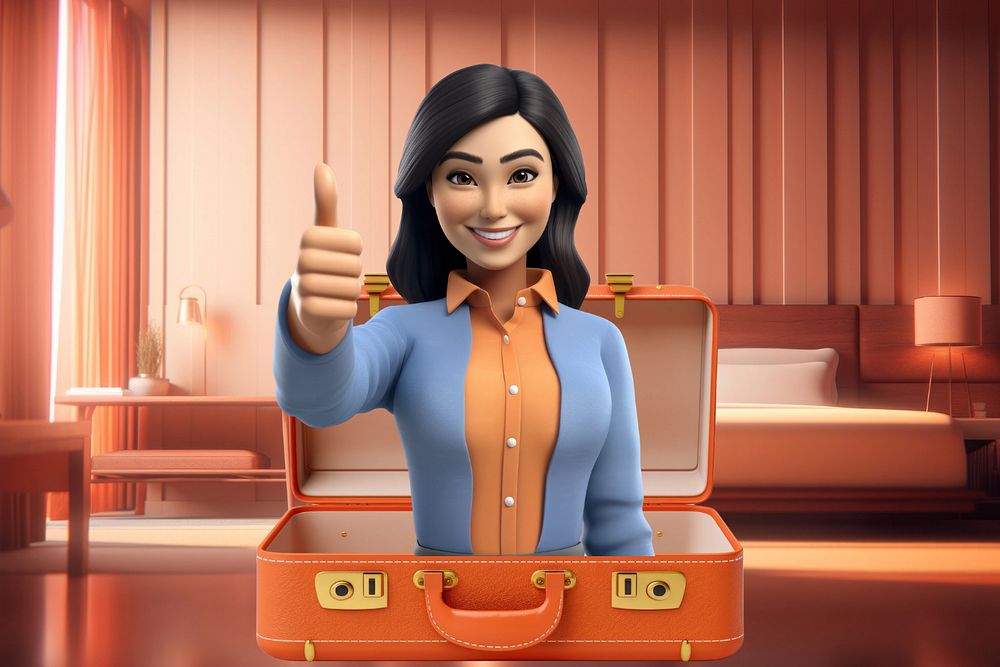 3D woman thumbs up, open briefcase  editable remix