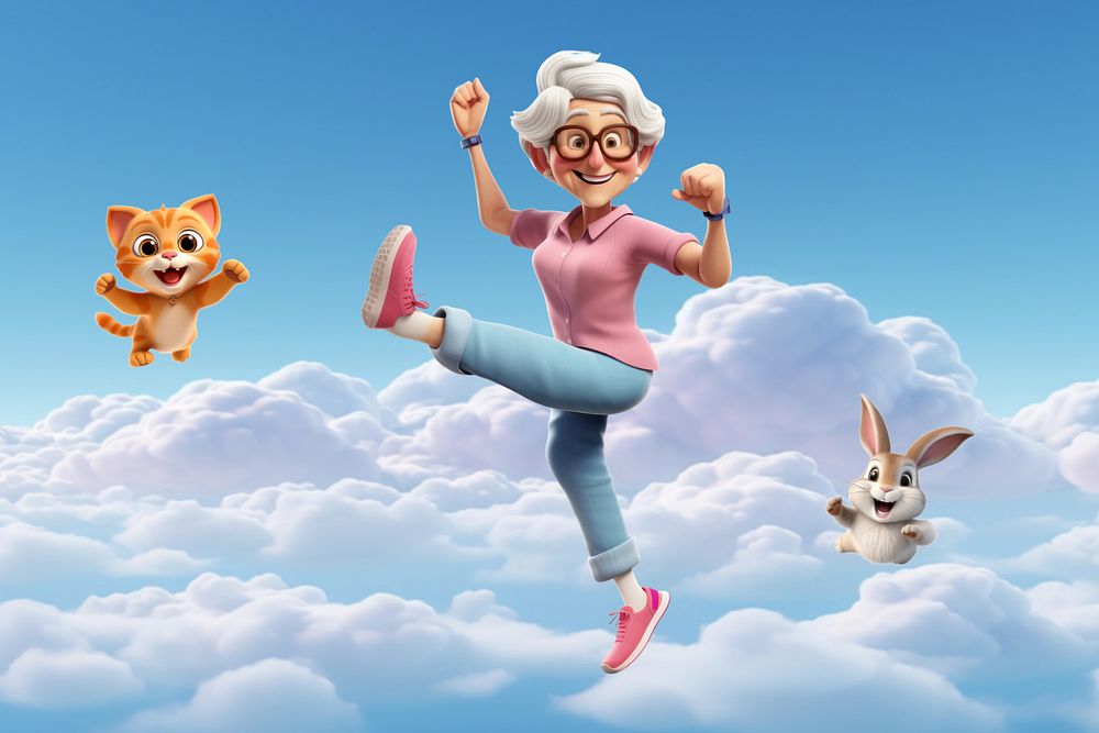 3D old woman jumping with pet  editable remix