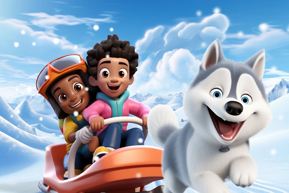 3D little kids on sleigh with Siberian Husky dog  editable remix