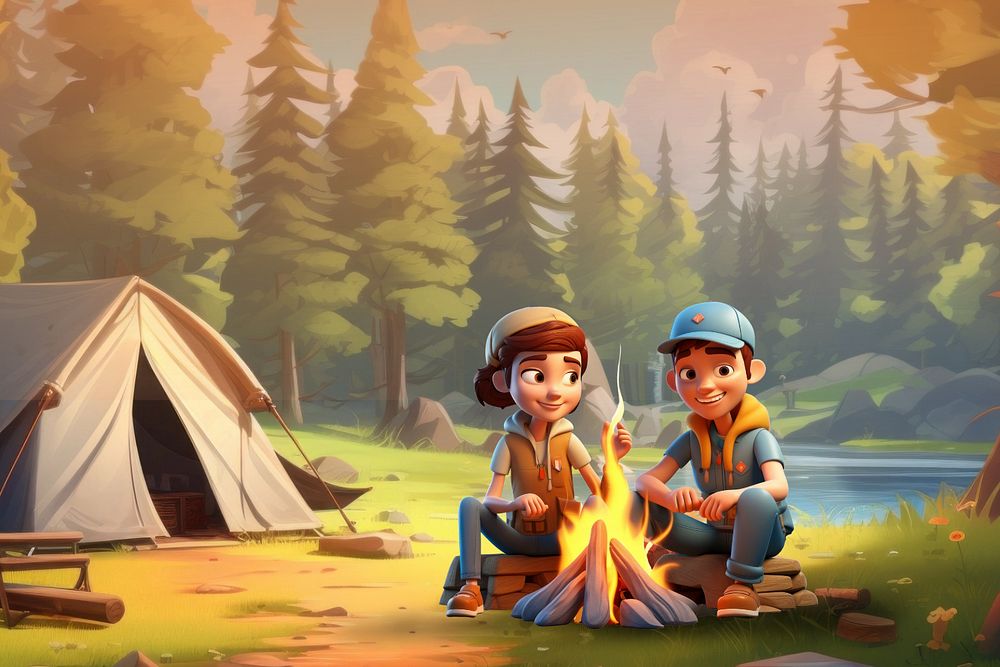 3D camping couple around bonfire  editable remix