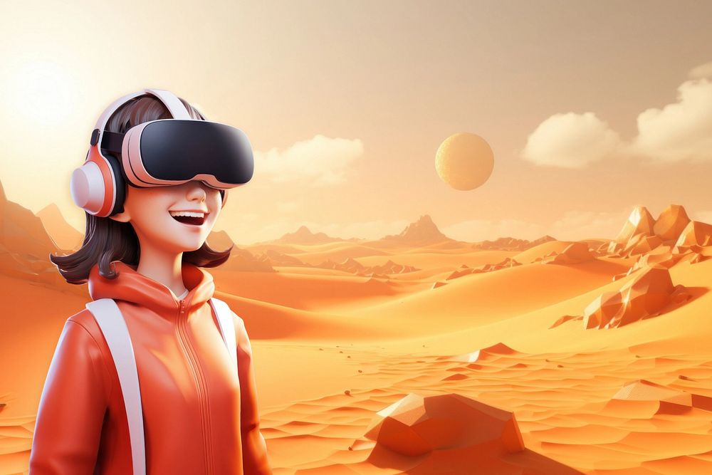 3D woman wearing VR, mars  editable remix