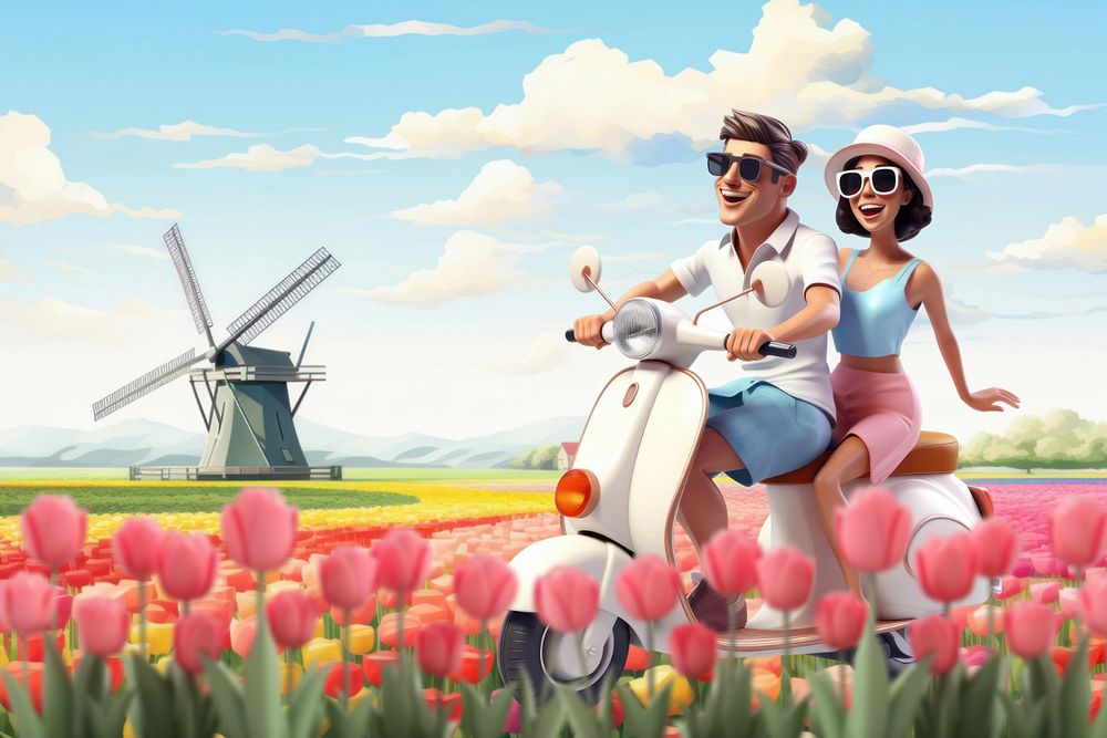 3D couple on scooter ride, travel  editable remix