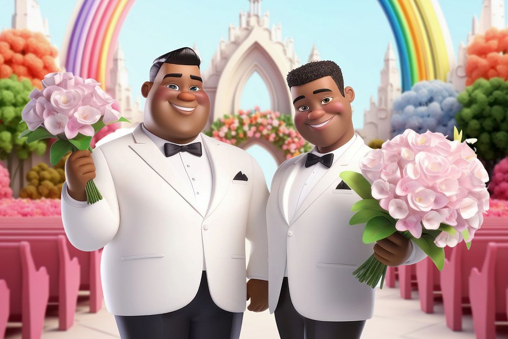 3D gay couple wedding, LGBTQ  editable remix