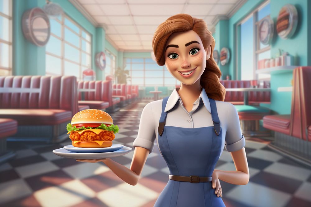 3D smiling diner waitress  editable remix