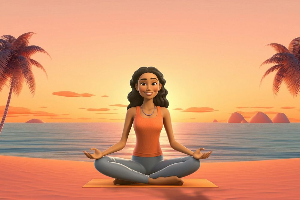 3D woman meditating, sunset beach  editable remix