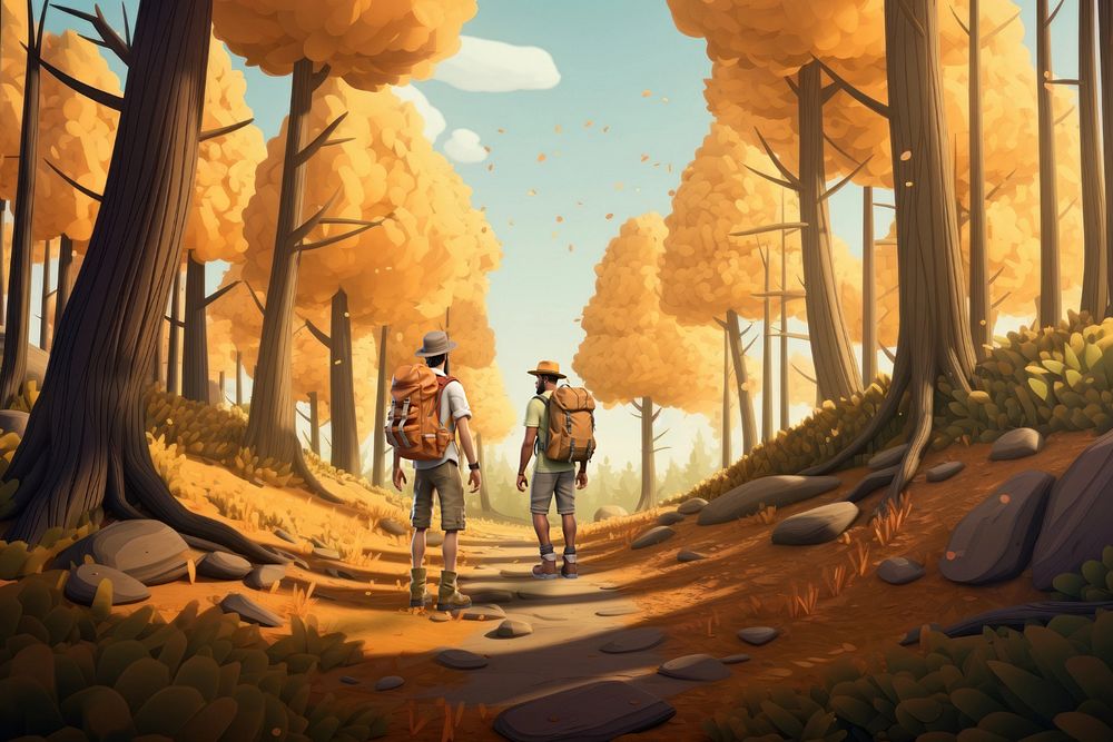 3D backpackers walking through the woods  editable remix