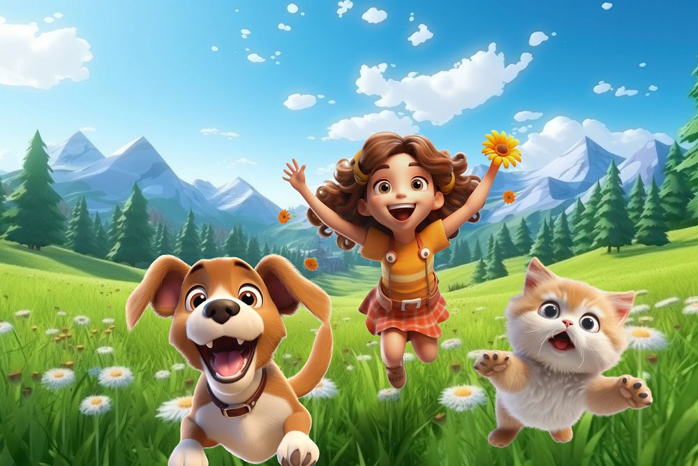 3D little girl & pet running through flower field  editable remix