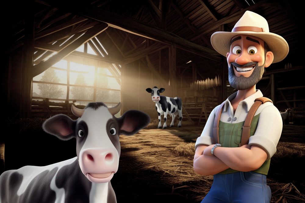 3D farmer in a barn with animals, agriculture  editable remix