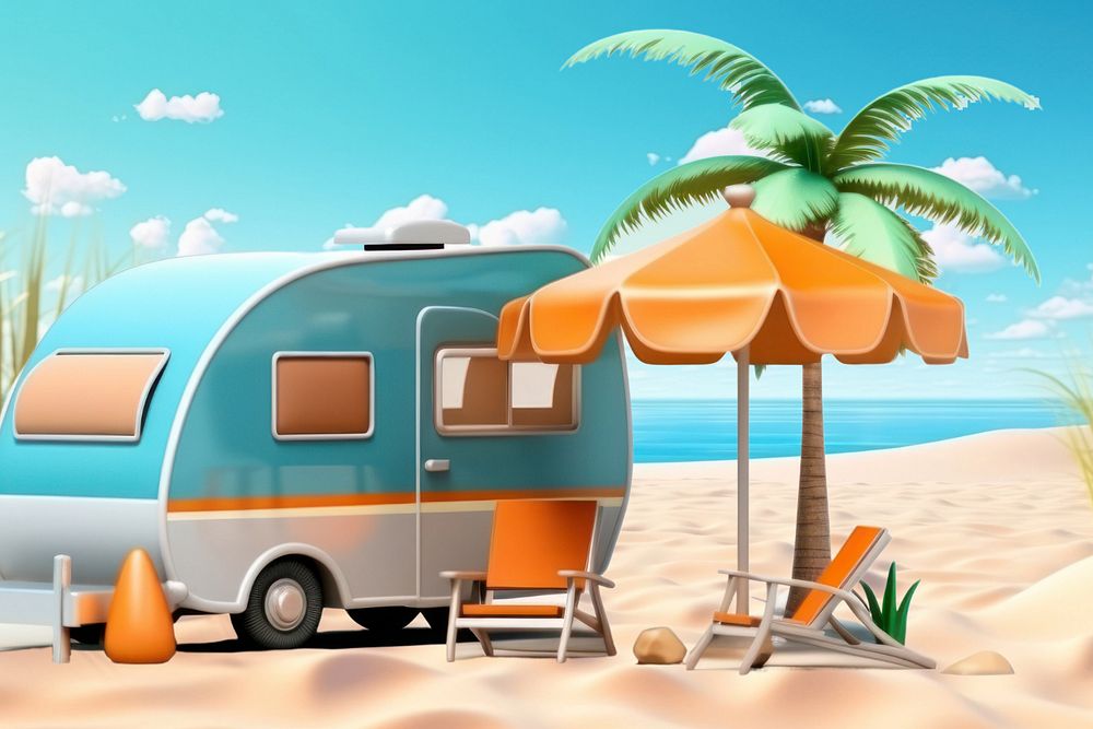 3D travel trailer van on the beach  editable remix