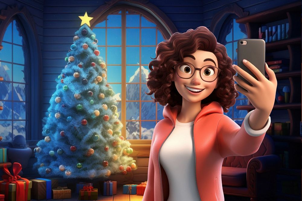 3D woman taking selfies during Christmas  editable remix