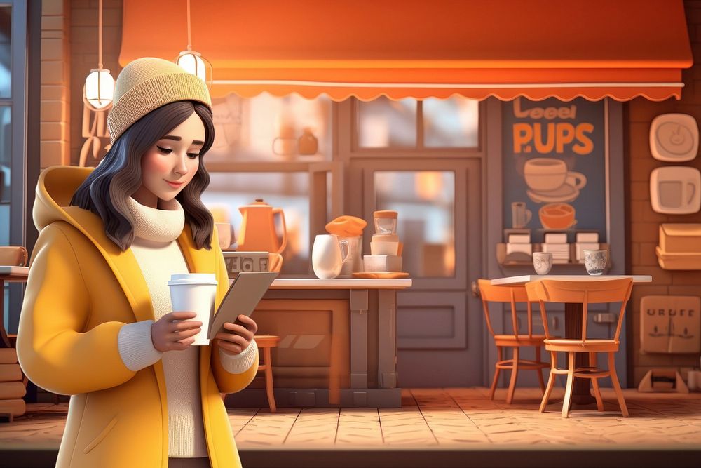 3D woman holding coffee cup  editable remix