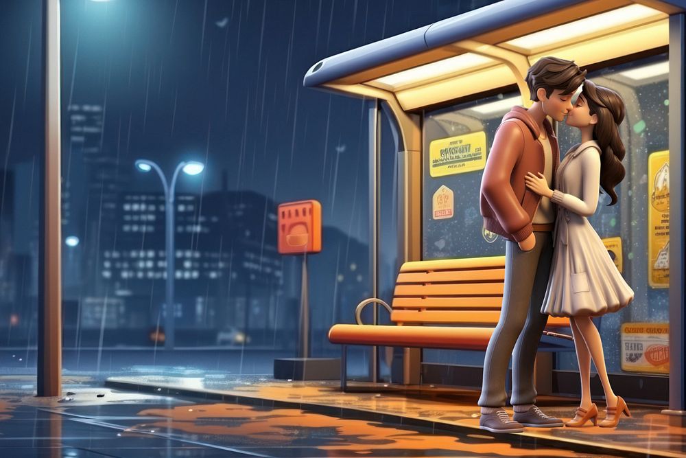 3D couple at bus stop, rainy day  editable remix