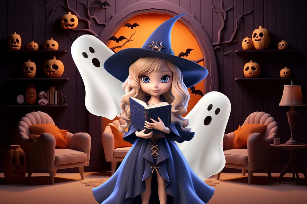 3D Halloween witch holding spell book  editable remix