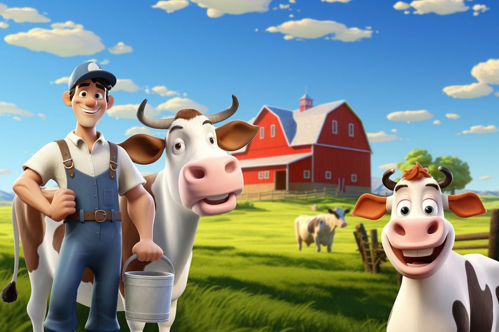 3D farmer and dairy cow, agriculture  editable remix