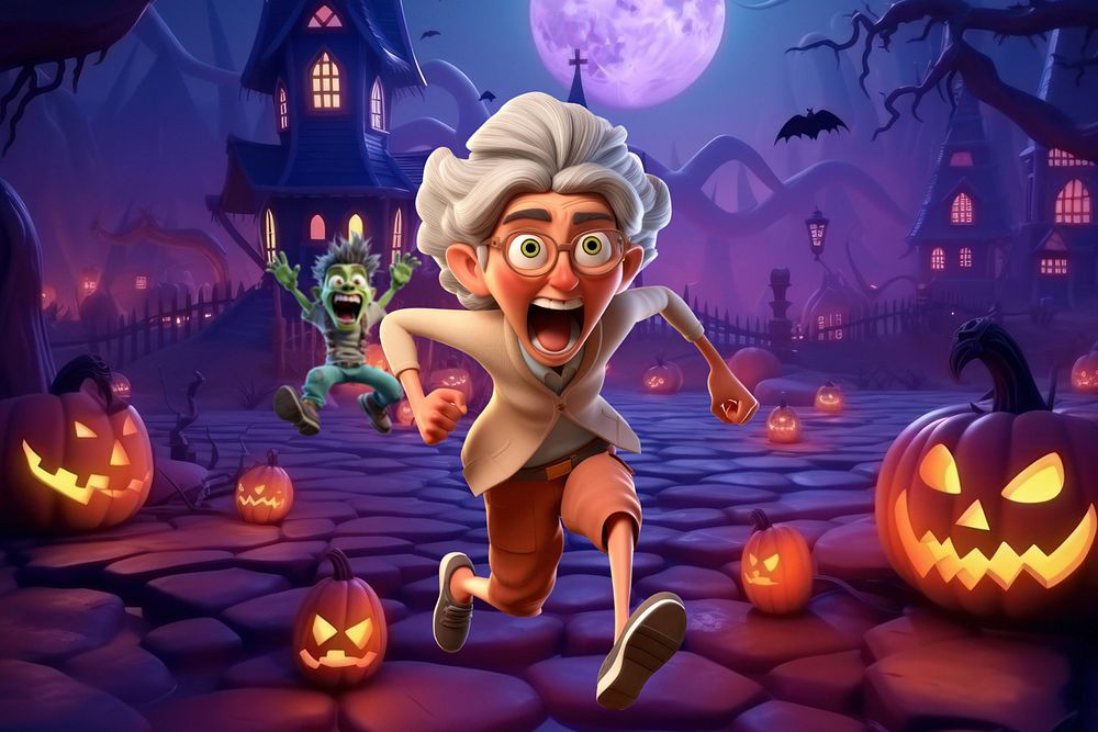 3D old woman running away from zombie  editable remix