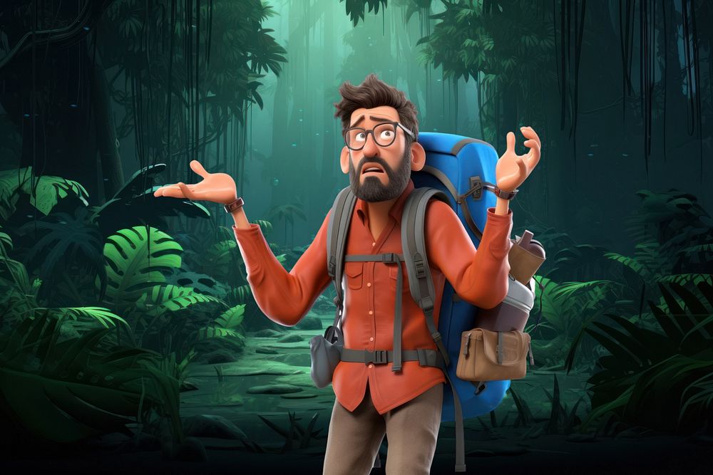 3D backpacker man lost in jungle  editable remix