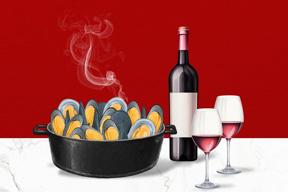 Editable mussels & wine, food digital art