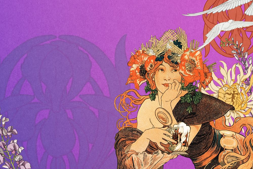 Alphonse Mucha's woman background, vintage art nouveau illustration. Remixed by rawpixel.