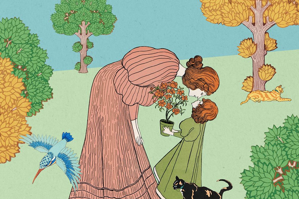 Mother and daughter, Josef Rudolf Witzel's art nouveau illustration. Remixed by rawpixel.