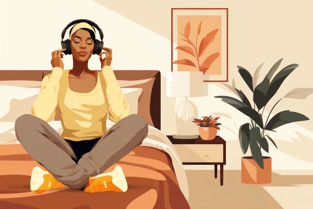 Woman wearing headphones, editable aesthetic  illustration remix