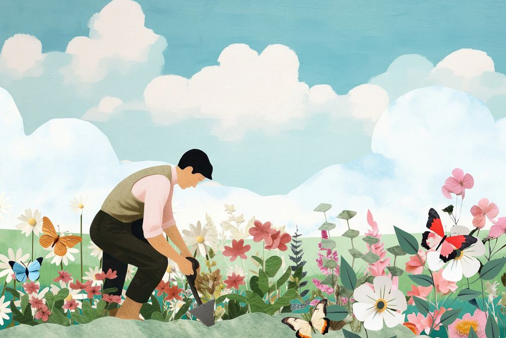 Gardener in flower field,  editable  paper craft collage