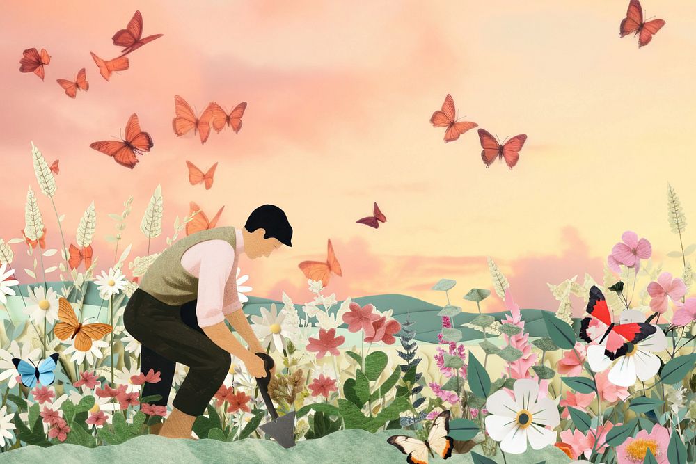 Gardener in flower field,  editable  paper craft collage