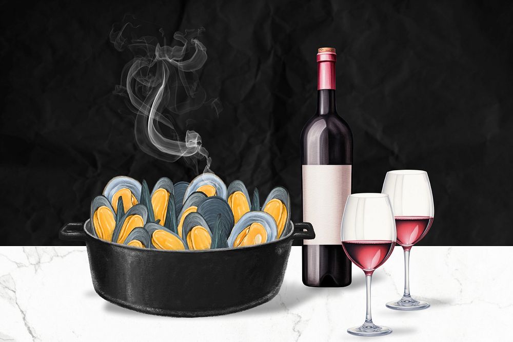 Editable mussels & wine, food digital art