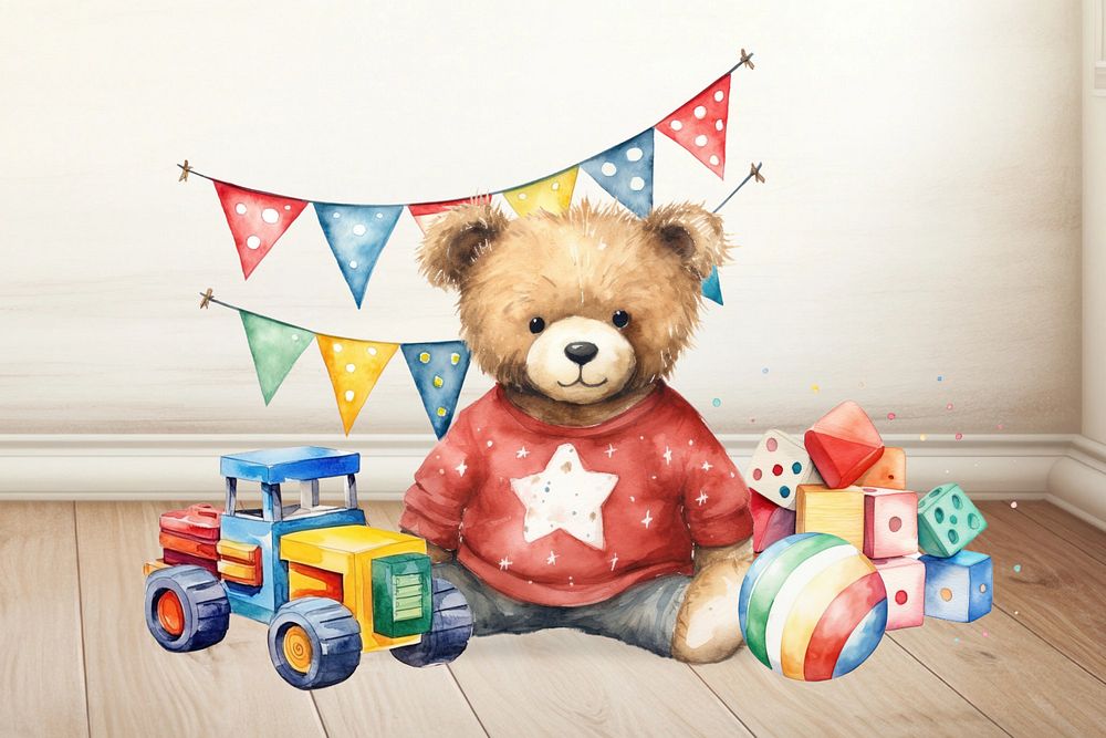 Teddy bear with kid toys, watercolor illustration, editable remix