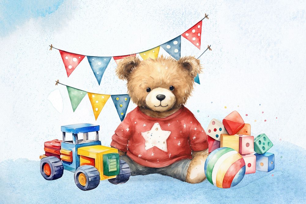 Teddy bear with kid toys, watercolor illustration, editable remix