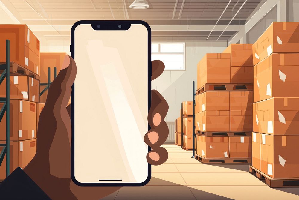 Blank smartphone screen, warehouse, editable aesthetic  illustration remix