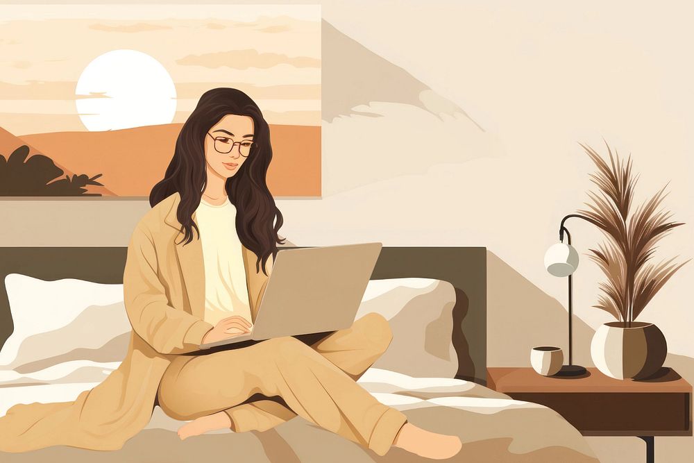 Woman working at home, editable aesthetic  illustration remix