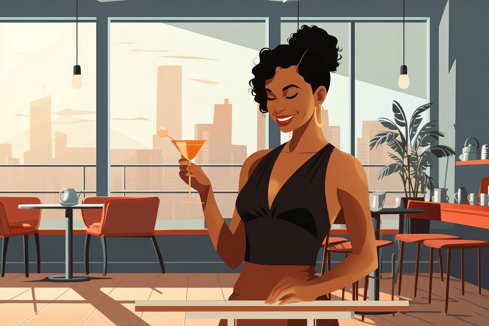 Woman at cocktail bar, editable aesthetic  illustration remix