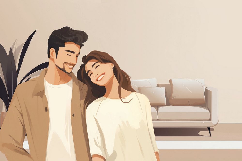 Happy couple at home, editable aesthetic  illustration remix