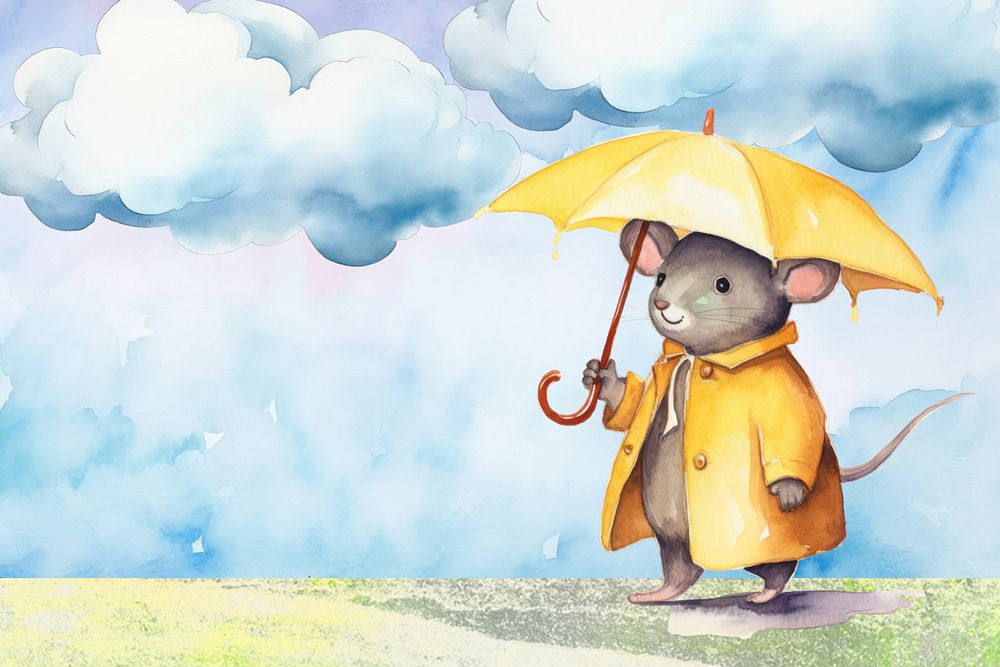 Watercolor rainy season background, rat holding umbrella illustration, editable remix